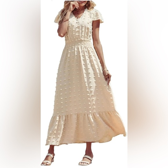 PRETTYGARDEN Women's Boho Dress Short Sleeve V Neck Swiss Dot Ruffle Tiered Maxi - Picture 14 of 16